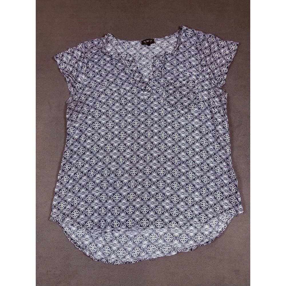 Jones & Co Blouse Womens XL Blue Geometric Short Sleeve Rayon